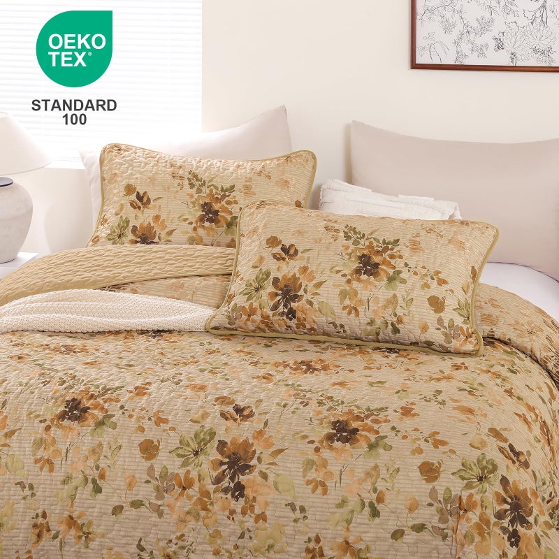 Dobuyly Quilt Set Queen Size, Khaki Floral Bedspreads Coverlet Set, 3 Pieces Soft Lightweight Microfiber Botanical Flowers Quilt Bedding Set for All Seasons 96"x90" - Image 3