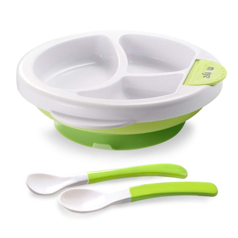 Matyz Baby Feeding Suction Warm Plate with Draining and Drying Design - Stay Put Divided Plate for Kids - Including 1 Toddler Plate and 2 Spoons - Microwave & Dishwasher Safe (Green) - Image 1