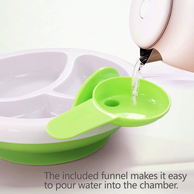 Matyz Baby Feeding Suction Warm Plate with Draining and Drying Design - Stay Put Divided Plate for Kids - Including 1 Toddler Plate and 2 Spoons - Microwave & Dishwasher Safe (Green) - Image 3