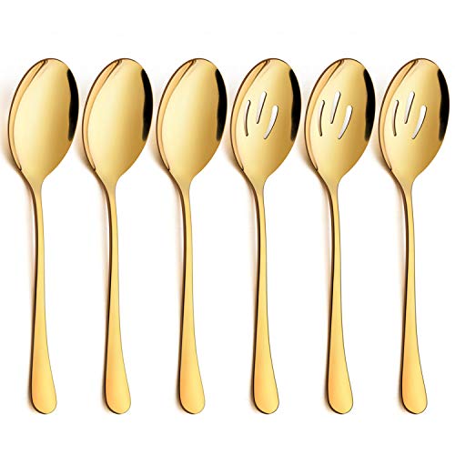 LIANYU 6 Pack Gold Serving Spoons Set, Large Slotted Spoons, Stainless Steel Buffet Dinner Restaurant Golden Serving Utensils, Catering Set for Party Banquet, 9.8 Inch - Image 1