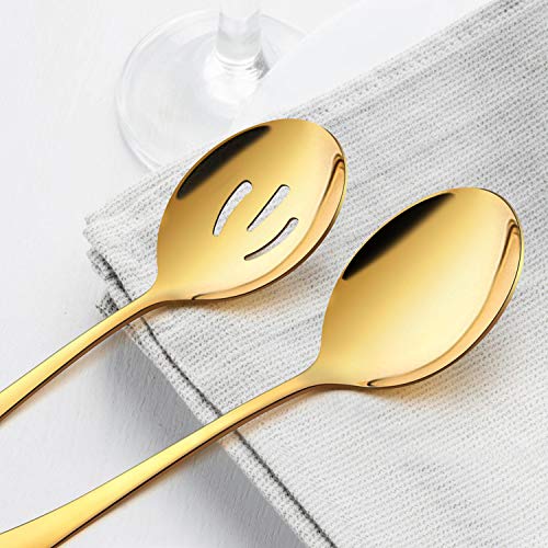 LIANYU 6 Pack Gold Serving Spoons Set, Large Slotted Spoons, Stainless Steel Buffet Dinner Restaurant Golden Serving Utensils, Catering Set for Party Banquet, 9.8 Inch - Image 2