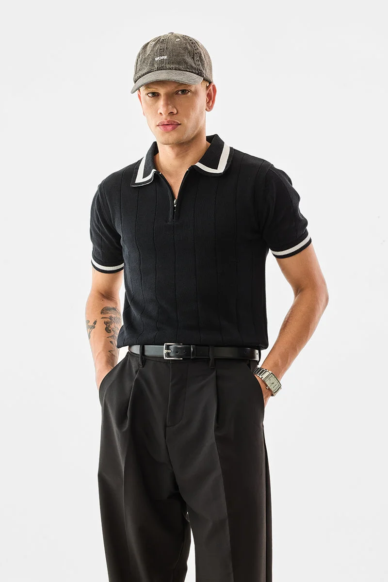 SNITCH Ribbed Regular Fit Zipper Polo T-Shirt