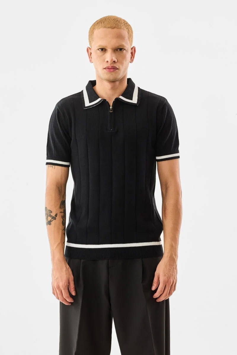 SNITCH Ribbed Regular Fit Zipper Polo T-Shirt