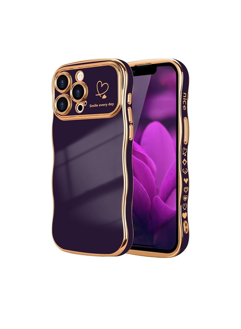 WRISTWISE Case Cover for iPhone 15, Cute Wave Frame Curly Shape with Love Heart Pattern Raised Camera Protection Cover Luxury Plating Shockproof Phone Case for iPhone 15, Purple - Image 1