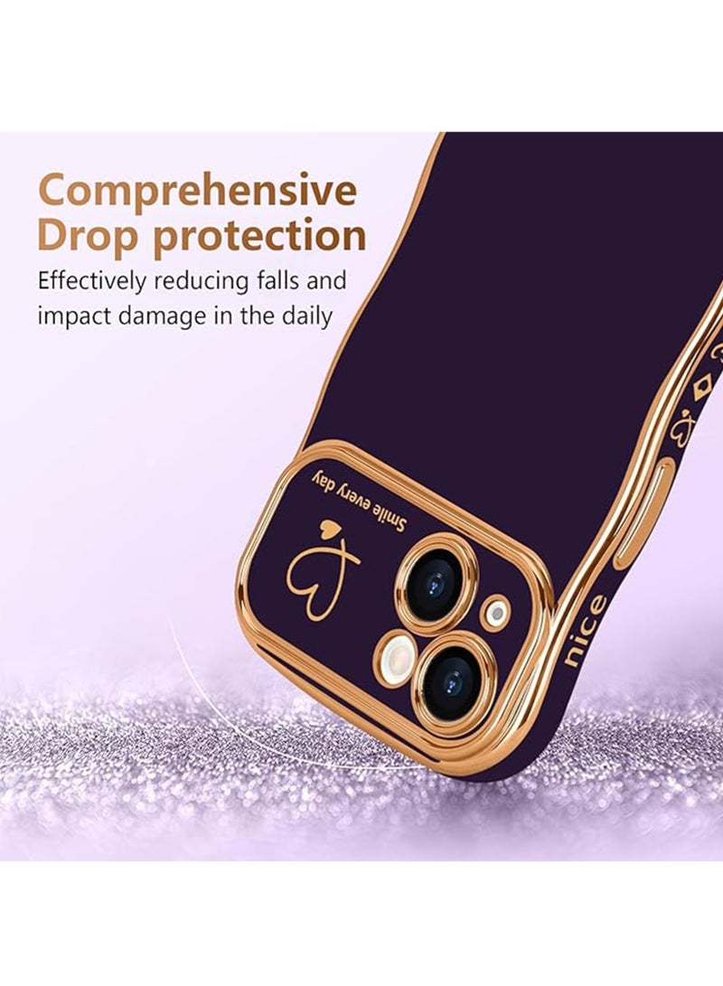 WRISTWISE Case Cover for iPhone 15, Cute Wave Frame Curly Shape with Love Heart Pattern Raised Camera Protection Cover Luxury Plating Shockproof Phone Case for iPhone 15, Purple - Image 2