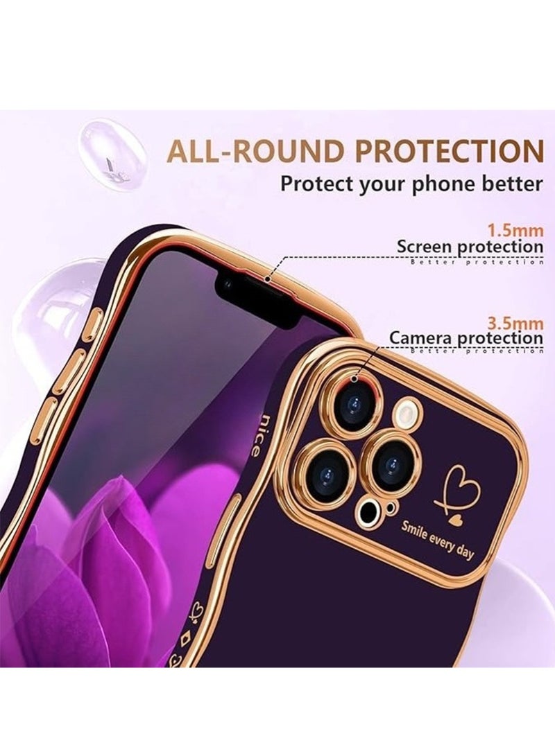 WRISTWISE Case Cover for iPhone 15, Cute Wave Frame Curly Shape with Love Heart Pattern Raised Camera Protection Cover Luxury Plating Shockproof Phone Case for iPhone 15, Purple - Image 3