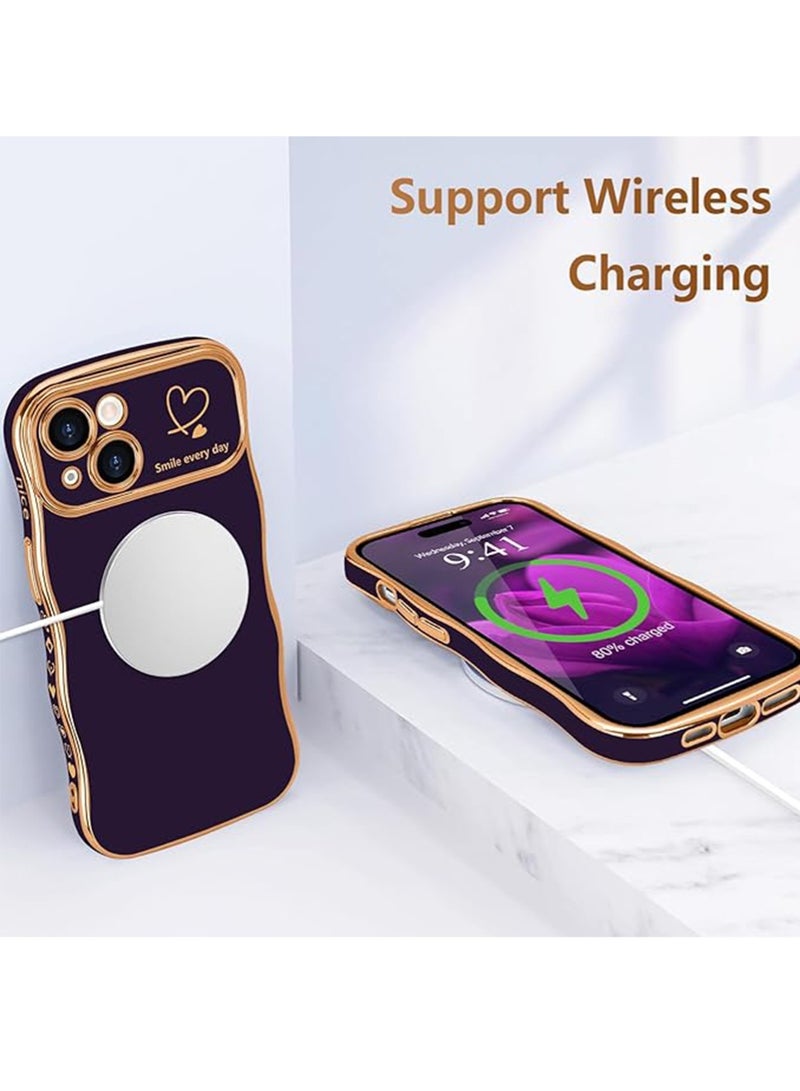 WRISTWISE Case Cover for iPhone 15, Cute Wave Frame Curly Shape with Love Heart Pattern Raised Camera Protection Cover Luxury Plating Shockproof Phone Case for iPhone 15, Purple - Image 4