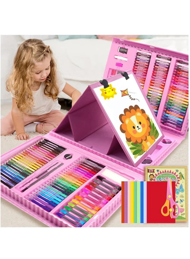 نقطة التسوق 208 قطعة من لوازم الرسم، مجموعة رسم فنية للأطفال والبنات والأولاد والمراهقين، حقيبة مجموعة فنية مع حامل ثلاثي الطي، تتضمن ألوان الباستيل الزيتية وأقلام التلوين وأقلام الرصاص الملونة ودفتر التلوين، لون وردي - Image 1