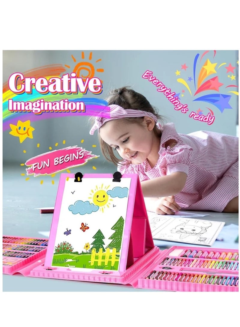 نقطة التسوق 208 قطعة من لوازم الرسم، مجموعة رسم فنية للأطفال والبنات والأولاد والمراهقين، حقيبة مجموعة فنية مع حامل ثلاثي الطي، تتضمن ألوان الباستيل الزيتية وأقلام التلوين وأقلام الرصاص الملونة ودفتر التلوين، لون وردي - Image 3