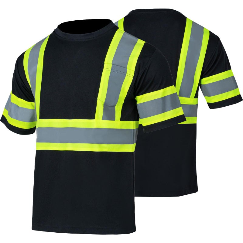 FONIRRA Safety Reflective High Visibility Shirt for Men ANSI Class 3 Hi Vis Construction Work Shirts with Short Sleeve(Black,L)