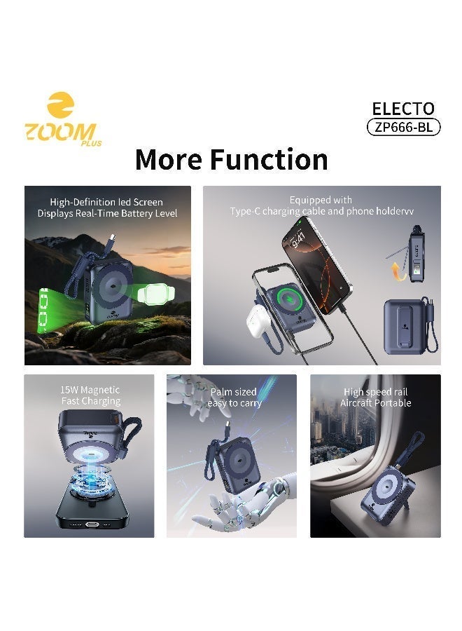 ZOOM PLUS ELECTO ZP666 Wireless Power Bank 10000mAh | 15W Wireless Charging | Built-in Cable | Compact Fast Charging Power Bank - Image 2
