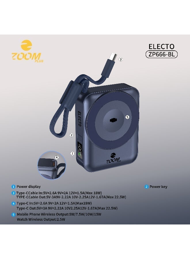 ZOOM PLUS ELECTO ZP666 Wireless Power Bank 10000mAh | 15W Wireless Charging | Built-in Cable | Compact Fast Charging Power Bank - Image 3