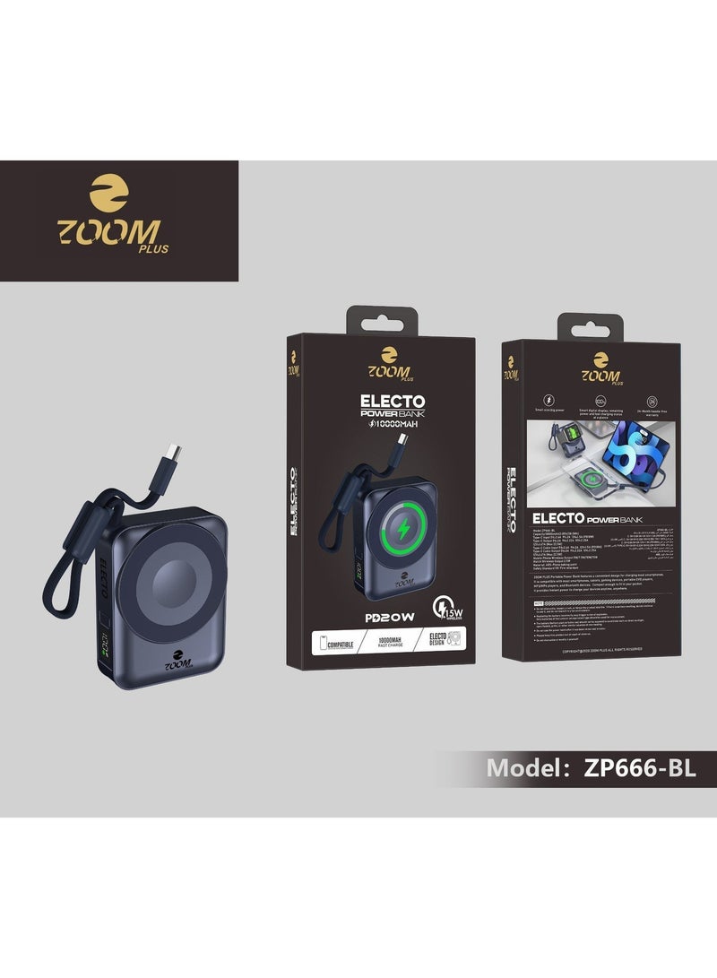 ZOOM PLUS ELECTO ZP666 Wireless Power Bank 10000mAh | 15W Wireless Charging | Built-in Cable | Compact Fast Charging Power Bank - Image 4
