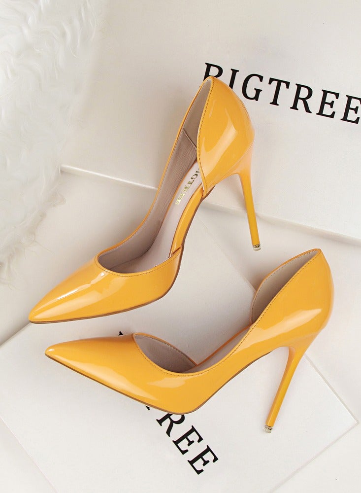 Women's Solid Color Fashionable Stiletto Pumps 10.5cm Elegant Gorgeous Closed Pointed Toe Slip On Solid High Heels Yellow