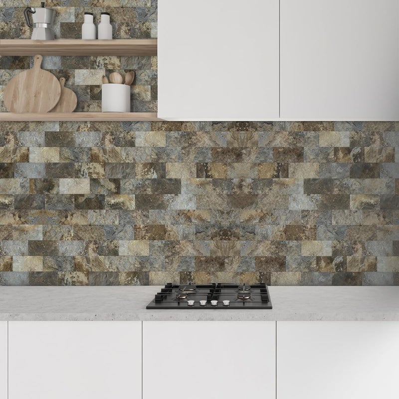 AULIGET 4-Piece Beige & Brown Slate Peel and Stick Backsplash Wall Tiles, 3" x 6" PVC Faux Stone Stick on Tile for Backsplash Kitchen, Bathroom, Laundry Room, Camper, Fireplace - Image 2