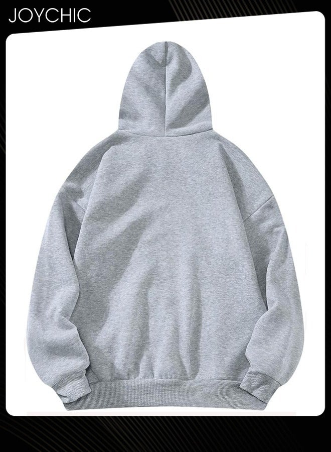 Joychic Women Letter Graphic Autumn and Winter Warm Long Sleeve Hoodie Windproof Pullover Grey - Image 2