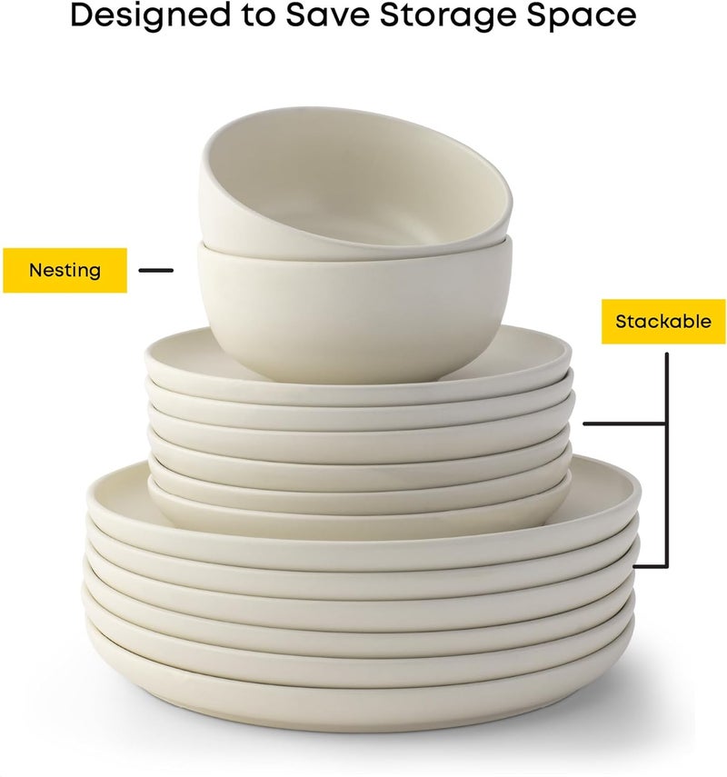 JoyJolt طقم أدوات المائدة من JoyJolt Mesa من الخزف الحجري 18 قطعة - أطباق وأوعية تشمل أطباق العشاء وأطباق السلطة وأوعية الحبوب والحساء - طقم أطباق حديث بتصميم مزرعة بلون الكتان الأبيض غير اللامع لـ 6 أشخاص - Image 2