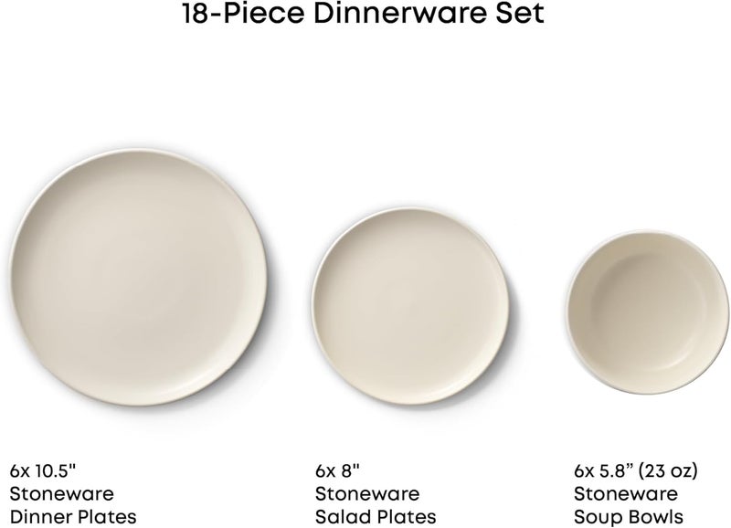 JoyJolt طقم أدوات المائدة من JoyJolt Mesa من الخزف الحجري 18 قطعة - أطباق وأوعية تشمل أطباق العشاء وأطباق السلطة وأوعية الحبوب والحساء - طقم أطباق حديث بتصميم مزرعة بلون الكتان الأبيض غير اللامع لـ 6 أشخاص - Image 3