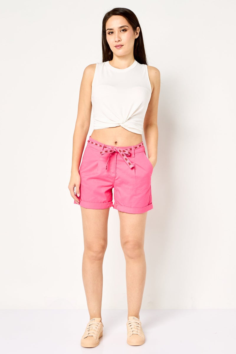 promod Women Plain Belted Denim Shorts, Pink - Image 2