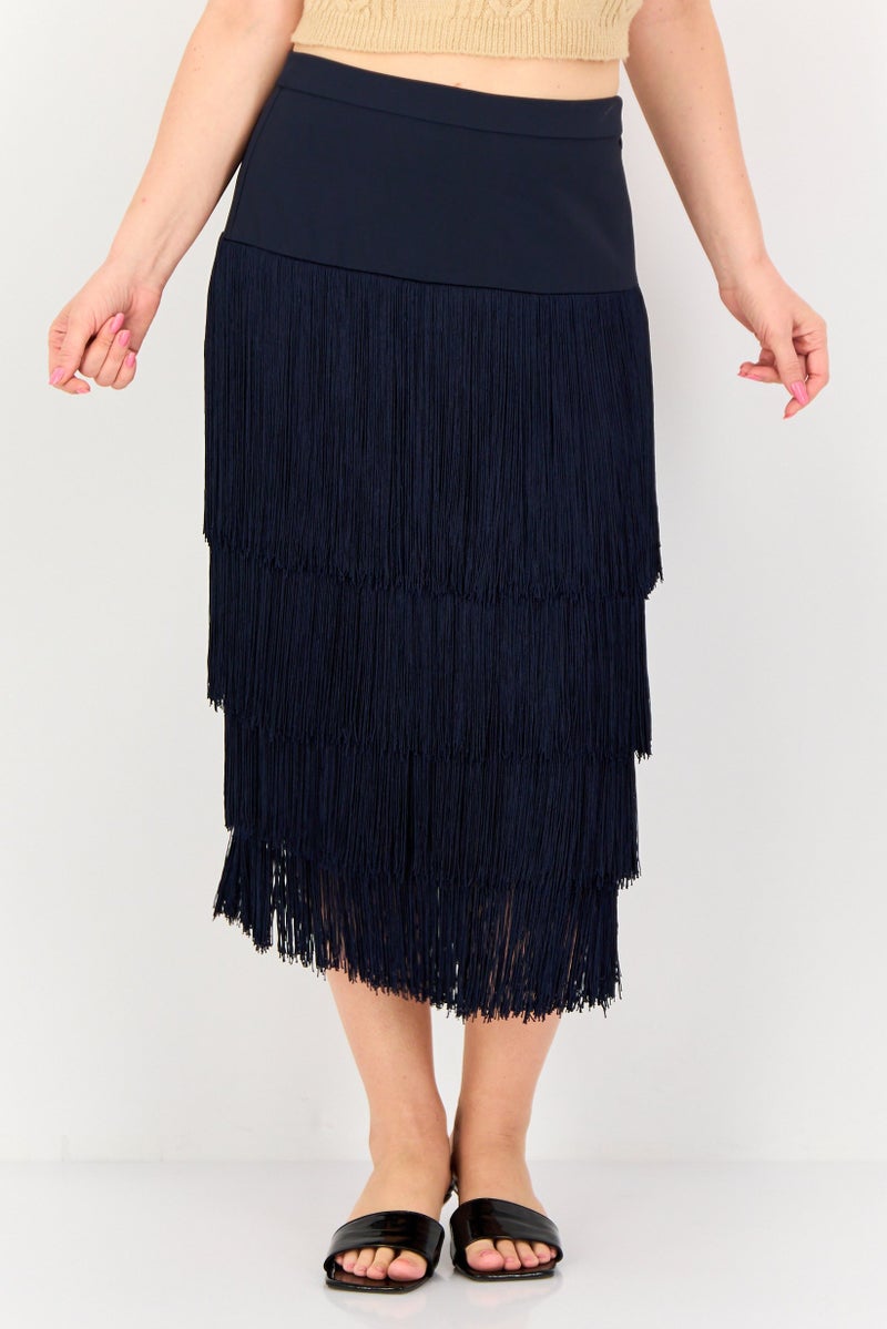 Femi9 Women Fringes Midi Skirt, Navy - Image 1