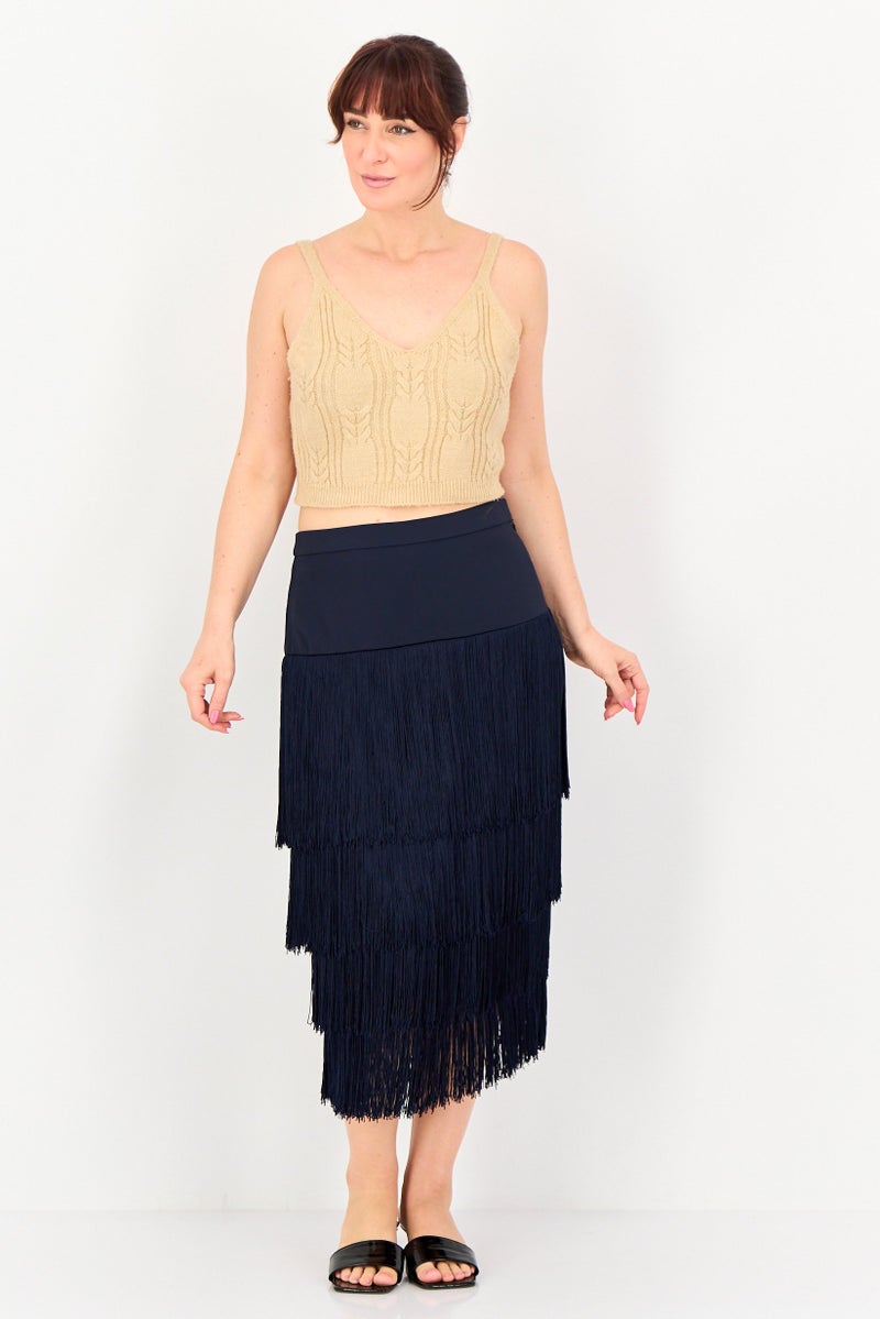 Femi9 Women Fringes Midi Skirt, Navy - Image 4