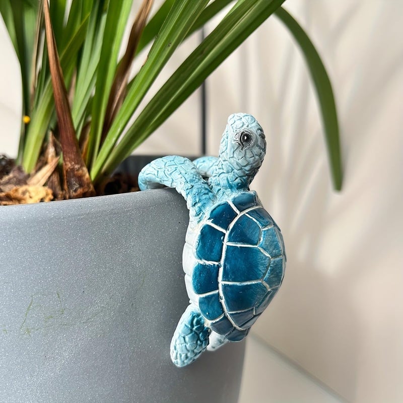 JARPSIRY Cute Climbing Tortoise Flower Pot Hugger Figurines Resin Hanging Turtle Statue Planter Pot Decorations for Home Garden Fence Balcony Patio Lawn Yard Ornaments (Blue Sea Turtle) - Image 2