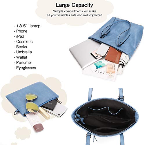 KL928 Handbag for Women Tote Bag PU Leather Large Shoulder Bag Top Handle Satchel Purses 2Pcs Set (Sky Blue) - Image 4