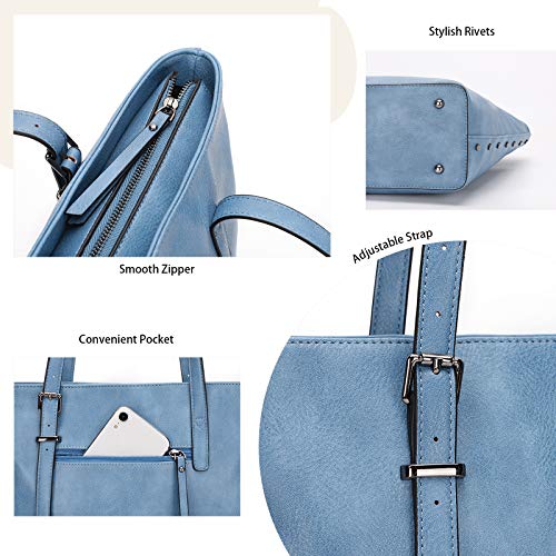 KL928 Handbag for Women Tote Bag PU Leather Large Shoulder Bag Top Handle Satchel Purses 2Pcs Set (Sky Blue) - Image 3