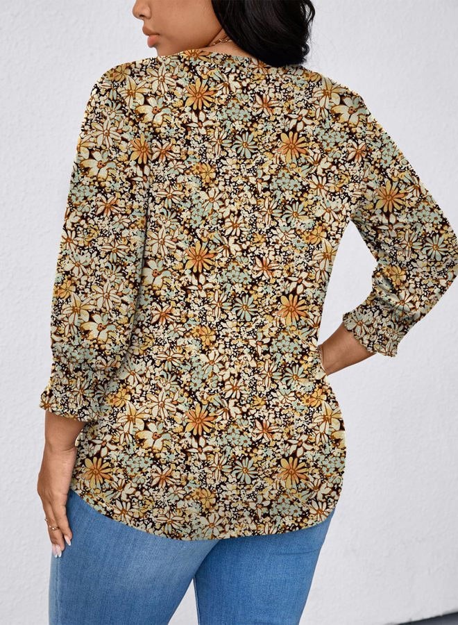 TFSDOD Womens Plus Size Tops 3/4 Sleeve Blouses Summer V Neck Shirts Smocked Cuffs Spring Outfits 1X-5X, Yellow Blue Floral, 4XL Plus - Image 3