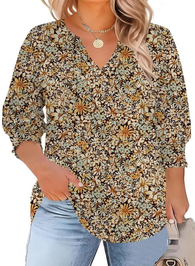 TFSDOD Womens Plus Size Tops 3/4 Sleeve Blouses Summer V Neck Shirts Smocked Cuffs Spring Outfits 1X-5X, Yellow Blue Floral, 4XL Plus - Image 1