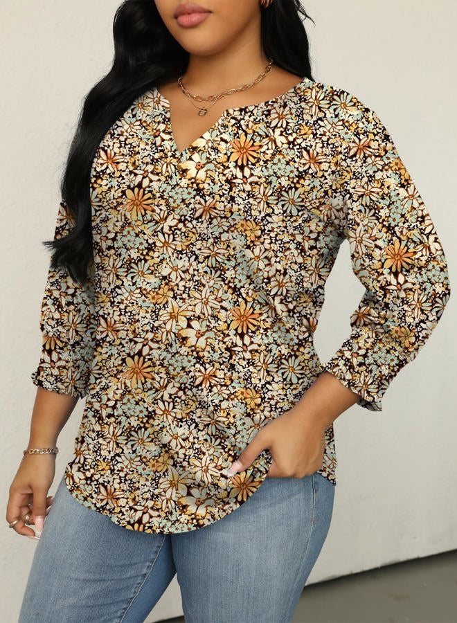 TFSDOD Womens Plus Size Tops 3/4 Sleeve Blouses Summer V Neck Shirts Smocked Cuffs Spring Outfits 1X-5X, Yellow Blue Floral, 4XL Plus - Image 2
