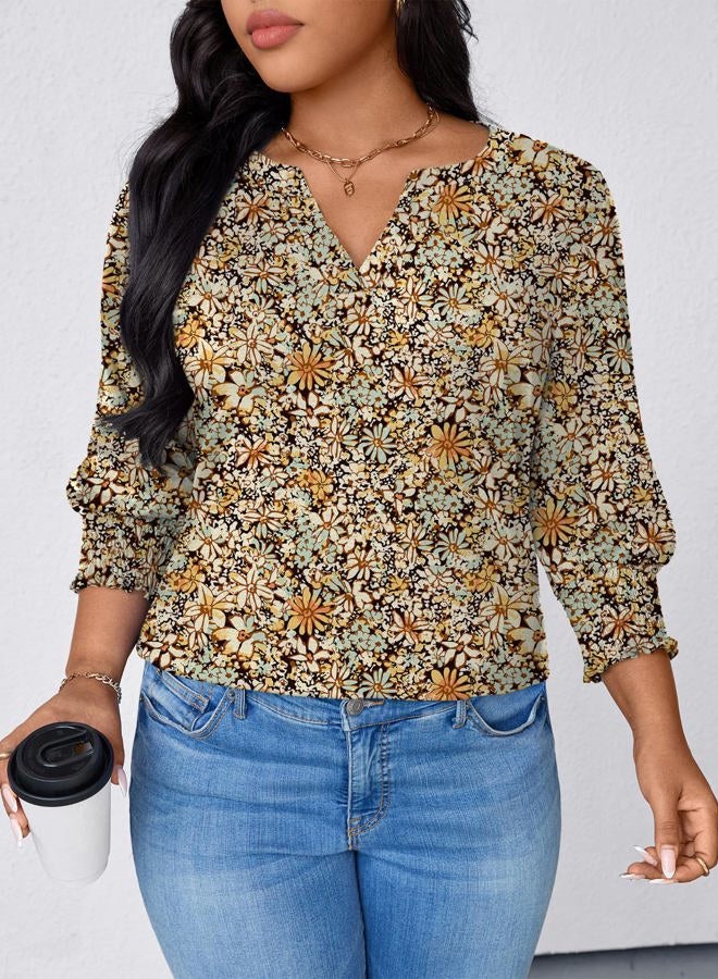 TFSDOD Womens Plus Size Tops 3/4 Sleeve Blouses Summer V Neck Shirts Smocked Cuffs Spring Outfits 1X-5X, Yellow Blue Floral, 4XL Plus - Image 5