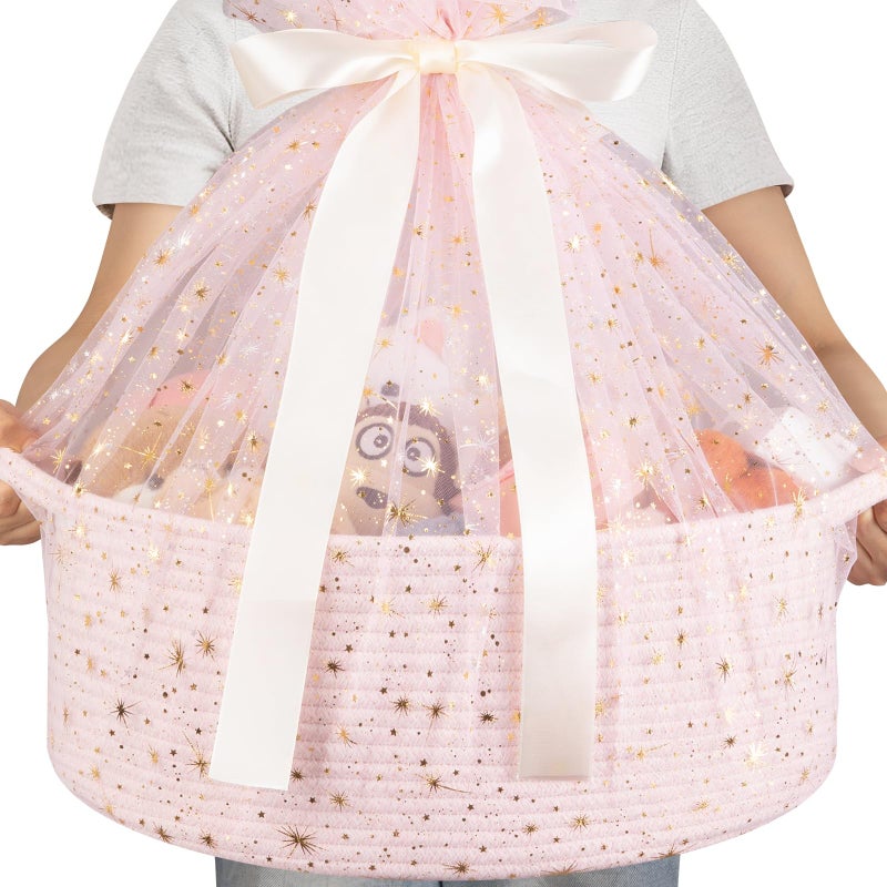 OIAHOMY Large Gift Basket Empty 17" x 12.6" x 7", Storage Basket with Gift Bag, Ribbon and Glitter Tulle for DIY Anytime, Toy Storage for Kids, Dogs with Handles in A Stylish Design - Pink - Image 1