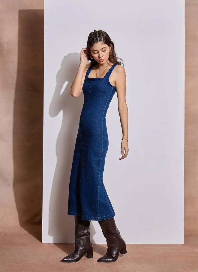 SASSAFRAS Navy Blue Denim Bodycon Midi Dress for Women