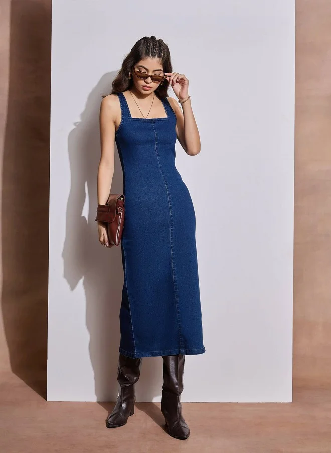 SASSAFRAS Navy Blue Denim Bodycon Midi Dress for Women