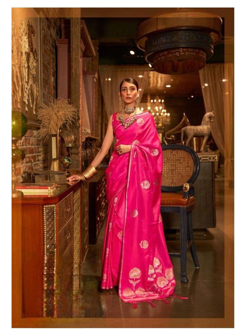 Grab Mantra - Pink Satin Silk Golden Weaving Saree With Unstitched Blouse - Image 1