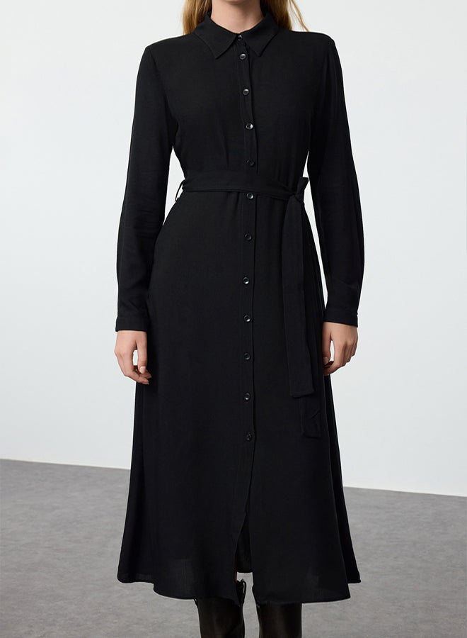 trendyol Viscose Midi Shirt Dress - Black Belted, Woven - Image 4