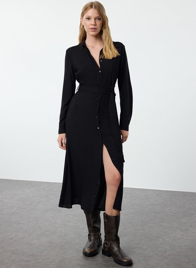 trendyol Viscose Midi Shirt Dress - Black Belted, Woven - Image 1