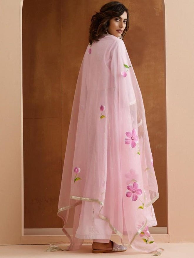 آي شين طقم كورتا وردي قطني مع بنطلون وشال - Image 4