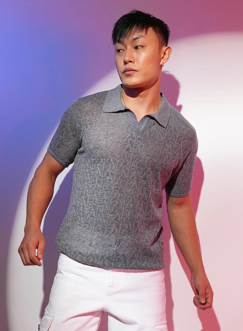 Campus Sutra Men's Ash Grey Abstract-Textured Polo T-Shirt