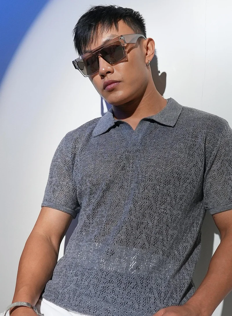 Men's Ash Grey Abstract-Textured Polo T-Shirt