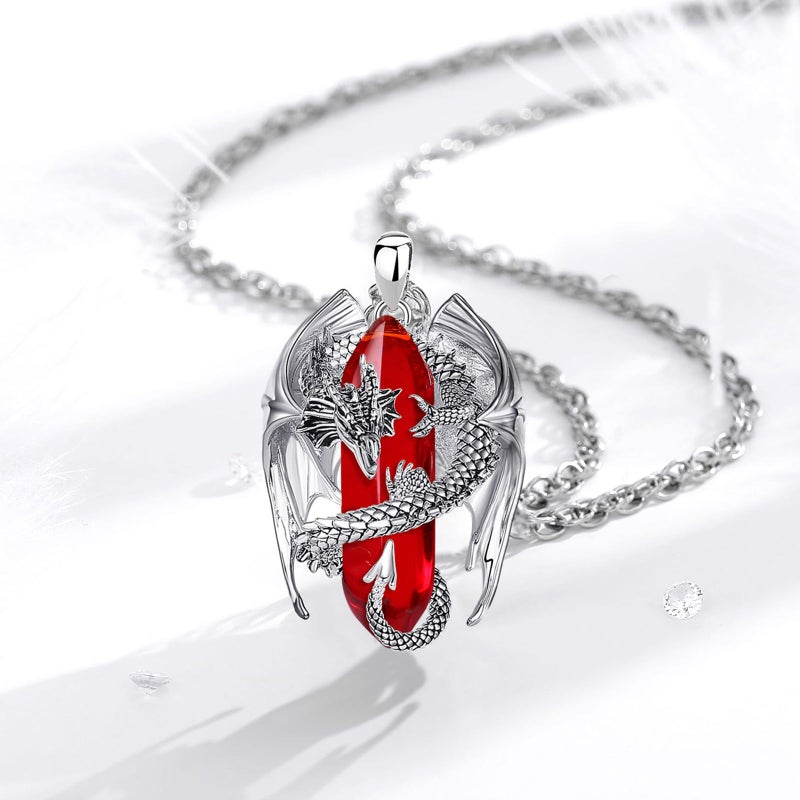 INFUSEU Dragon Necklace Red Jewelry for Women Men Crystal Stone Cubic Zirconia Large Pendant Gifts birthstone January July Birthday Personalized Gothic Goth Stuff Punk Spiritual Present - Image 2