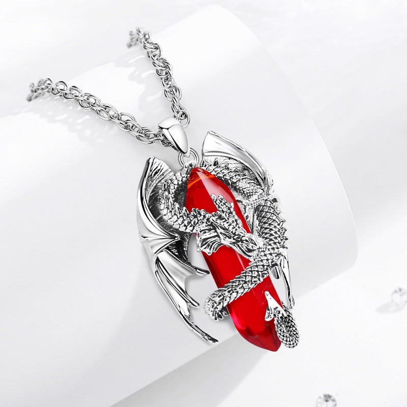 INFUSEU Dragon Necklace Red Jewelry for Women Men Crystal Stone Cubic Zirconia Large Pendant Gifts birthstone January July Birthday Personalized Gothic Goth Stuff Punk Spiritual Present - Image 3
