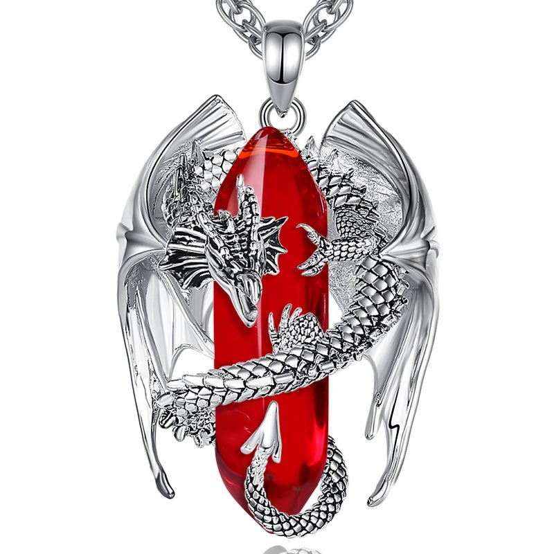 INFUSEU Dragon Necklace Red Jewelry for Women Men Crystal Stone Cubic Zirconia Large Pendant Gifts birthstone January July Birthday Personalized Gothic Goth Stuff Punk Spiritual Present - Image 1
