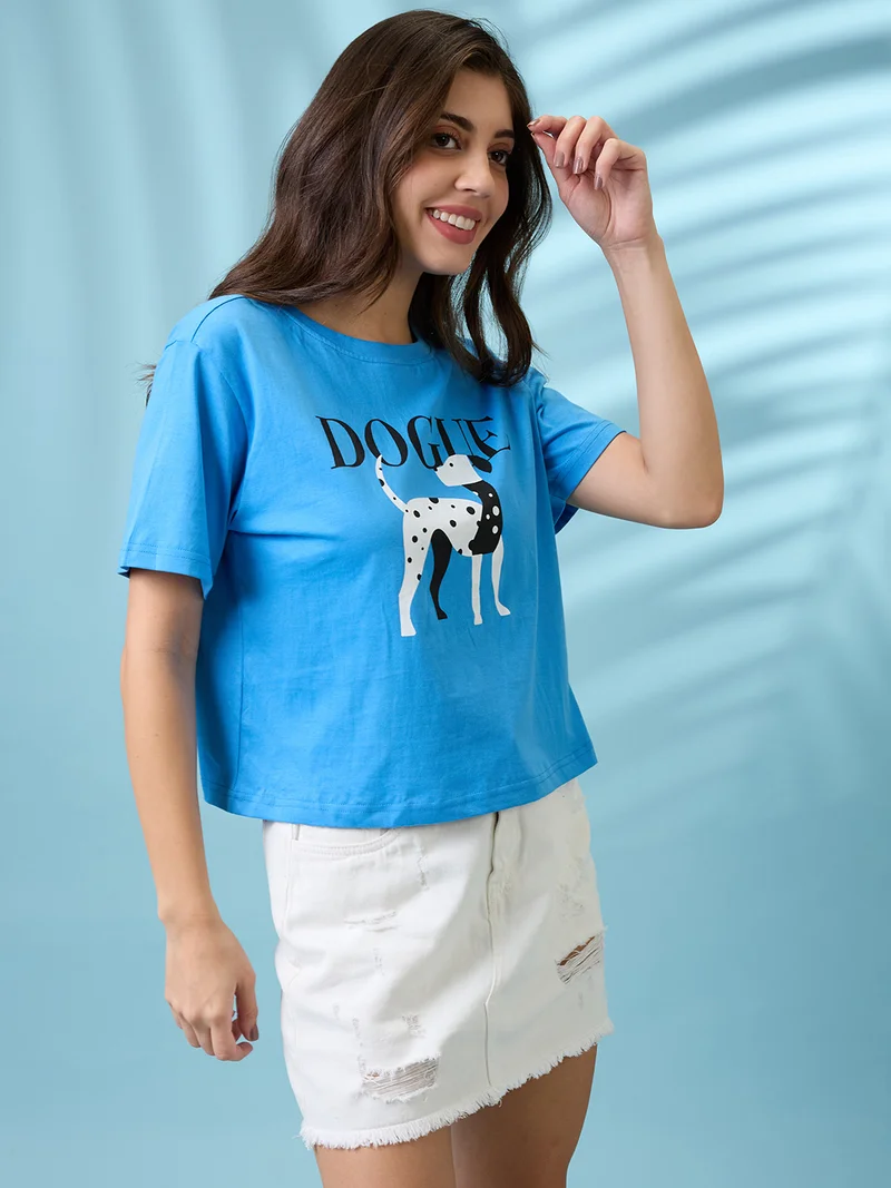 globus Women Blue Graphic Print Round Neck Short Sleeves Oversized T Shirt