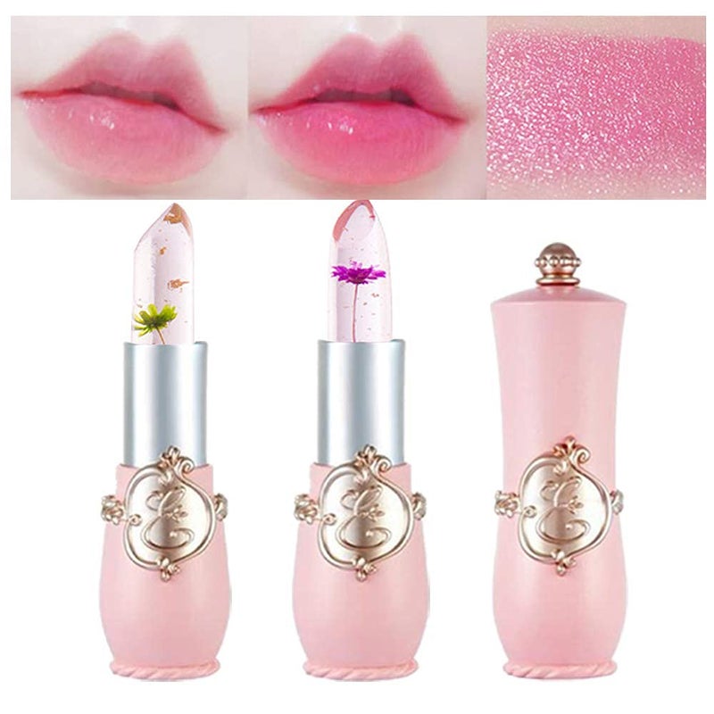 BINGBRUSH 2Pcs Ph Lipstick Color Changing,Pink Crystal Jelly Flower Clear Mood Long Lasting Labiales Lip Care Moisturizer Lip Balm Korean Magic Lip Gloss 24 Hours Lip Tinted Stain Makeup Set for Women - Image 1