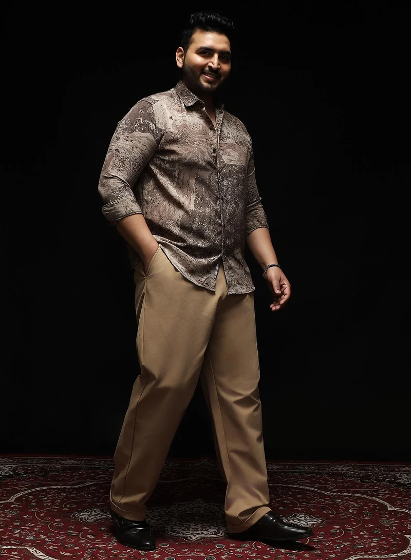 Instafab Plus Instafab Plus Men's Coffee Brown Marble-Specks Imprint Shirt | Spread Collar , Long Cuffed Sleeves , Button Closure , Curved Hemline | Abstract-Print Plain Polyester Material For Evening & Party Wear