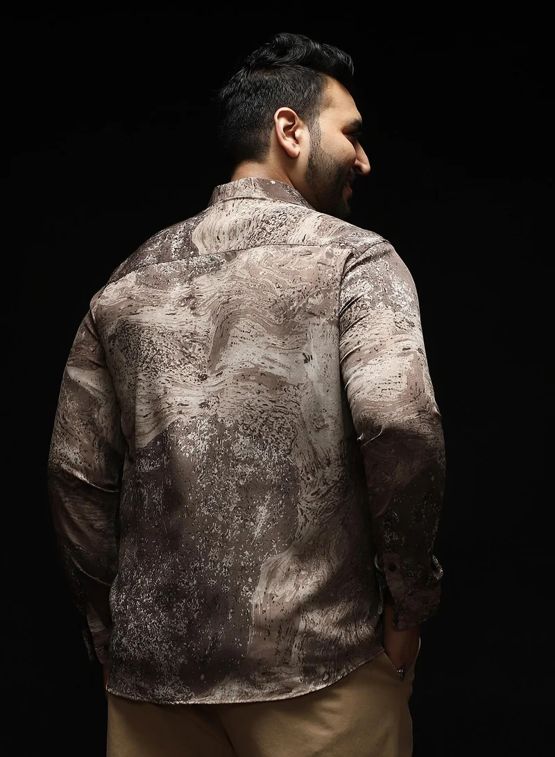 Instafab Plus Instafab Plus Men's Coffee Brown Marble-Specks Imprint Shirt | Spread Collar , Long Cuffed Sleeves , Button Closure , Curved Hemline | Abstract-Print Plain Polyester Material For Evening & Party Wear
