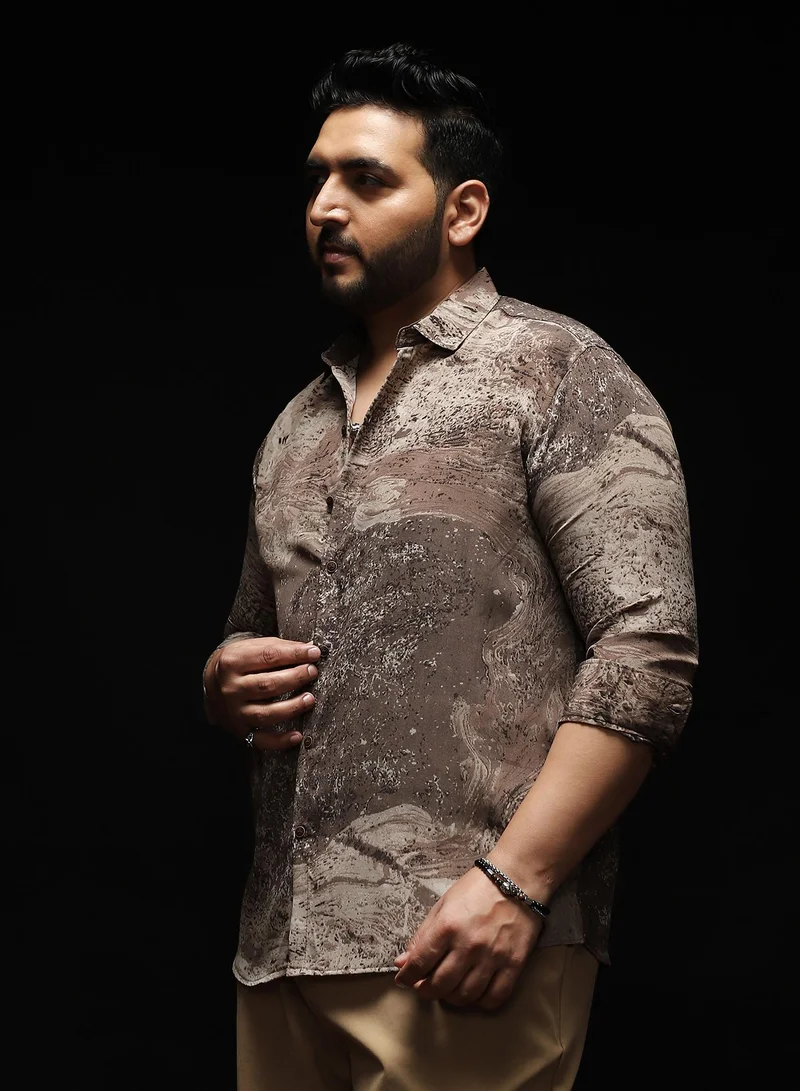 Instafab Plus Instafab Plus Men's Coffee Brown Marble-Specks Imprint Shirt | Spread Collar , Long Cuffed Sleeves , Button Closure , Curved Hemline | Abstract-Print Plain Polyester Material For Evening & Party Wear
