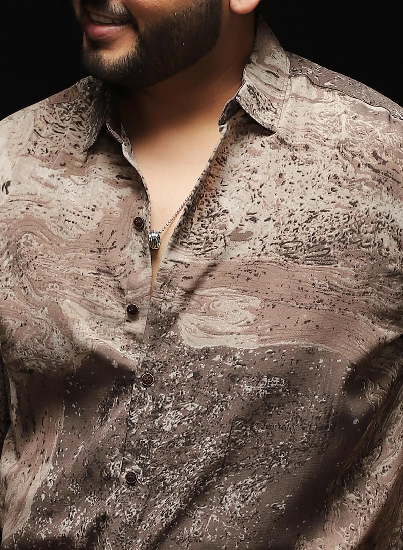 Instafab Plus Instafab Plus Men's Coffee Brown Marble-Specks Imprint Shirt | Spread Collar , Long Cuffed Sleeves , Button Closure , Curved Hemline | Abstract-Print Plain Polyester Material For Evening & Party Wear